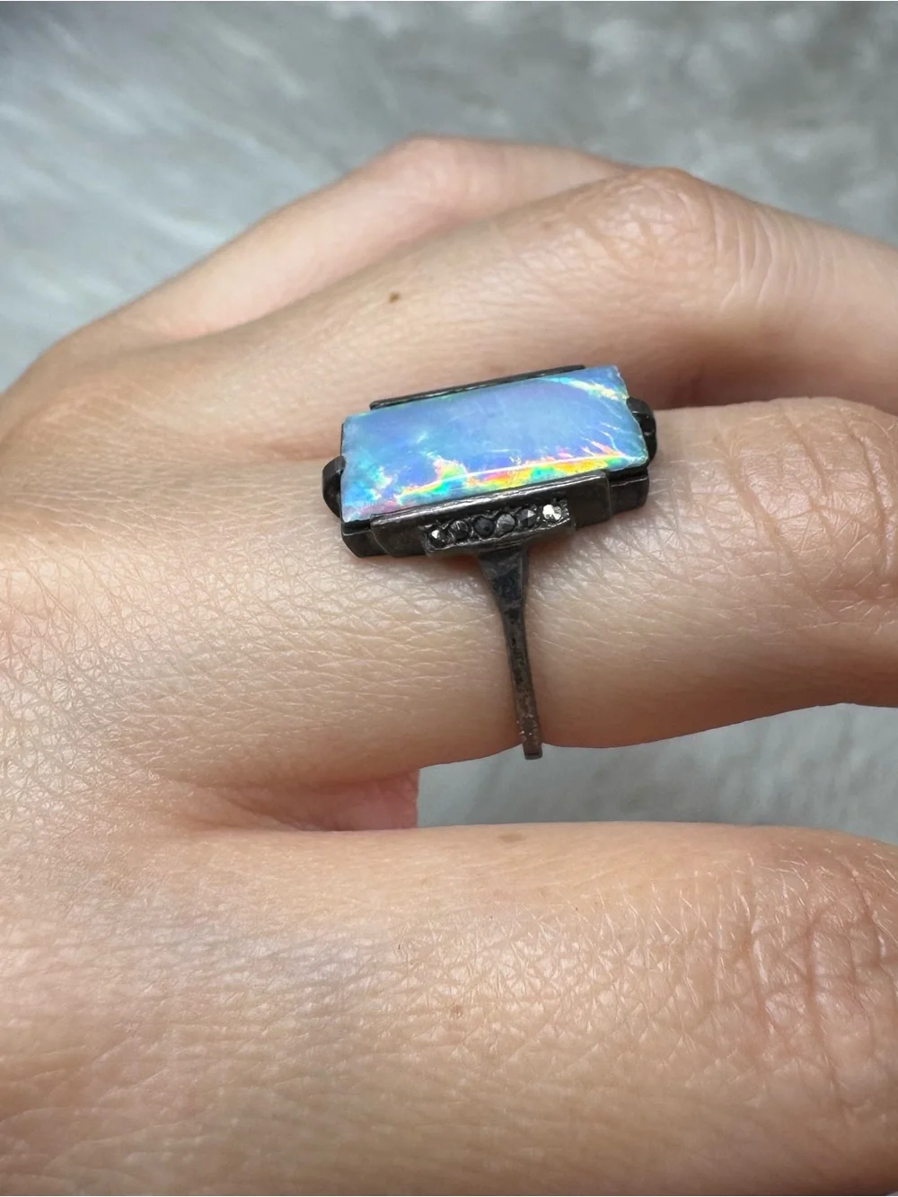 Sterling Silver Opal Rectangular Ring - Iridescent Blue-Green